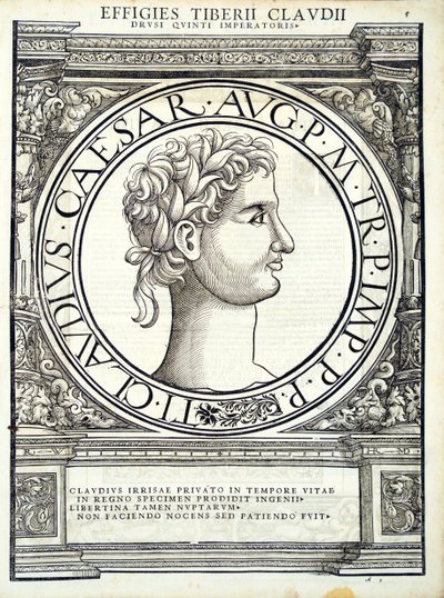 Claudius Caesar, illustration from Imperatorum romanorum omnium orientalium et occidentalium verissimae imagines ex antiquis numismatis by Hans Rudolf Manuel Deutsch